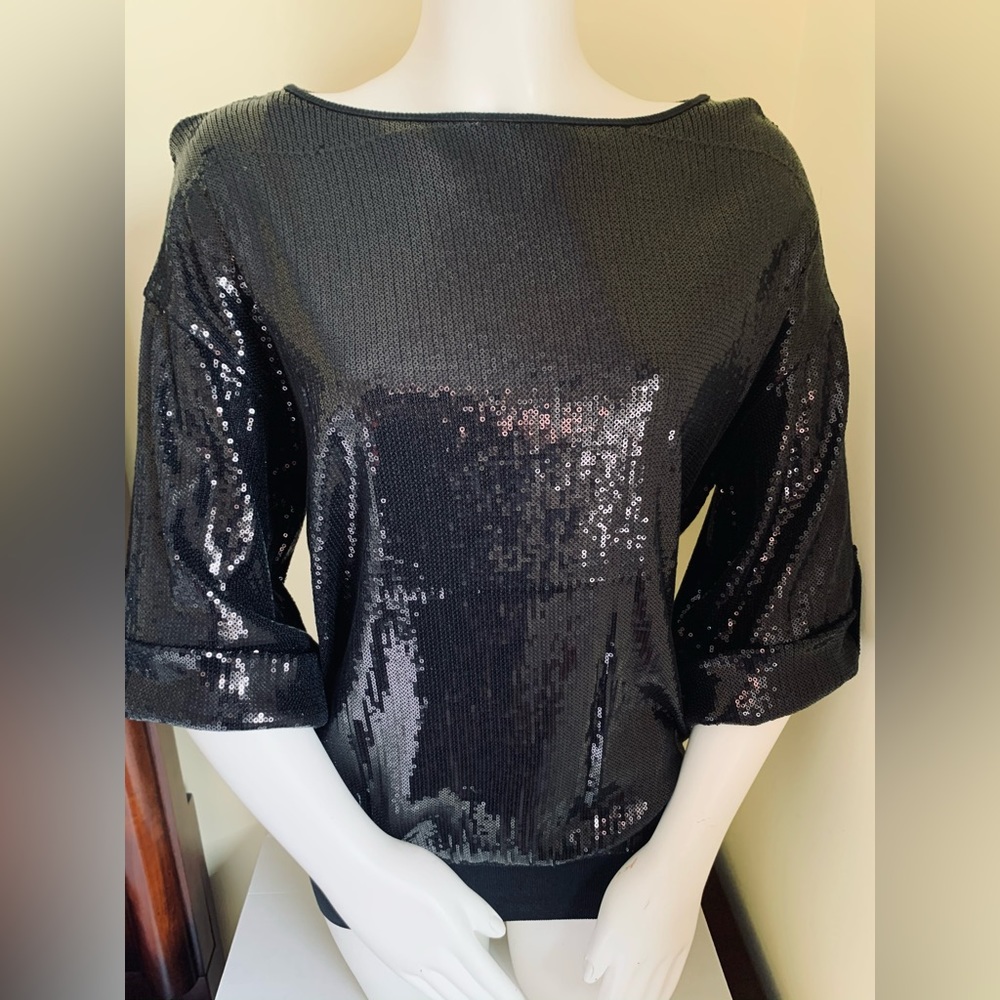 Black full sequined blouse tunic top boat neck wide 3/4 long fold-up sleeves USL